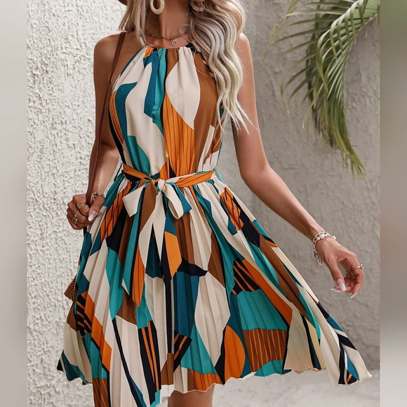 Dresses & Skirts - Geo Print Belted Halter Dress